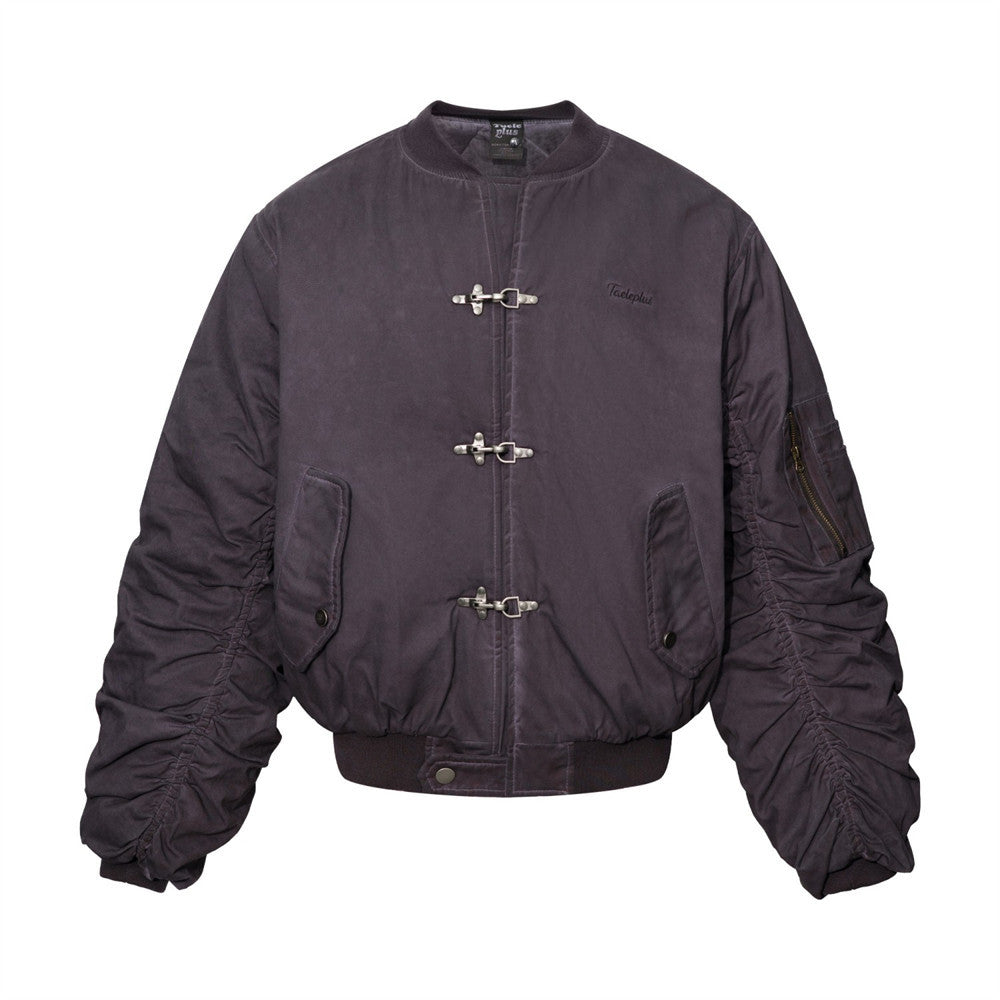 Men's Wasteland Vintage Distressed Spray Wash Ruched Long Sleeve Aviator Buckle Stand Collar Oversized Cotton Padded Baseball Jacket