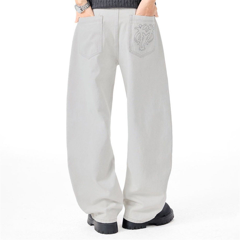 Men's Clean Fit Denim Button Fly Straight Leg Casual Pants with Back Pocket Embroidery