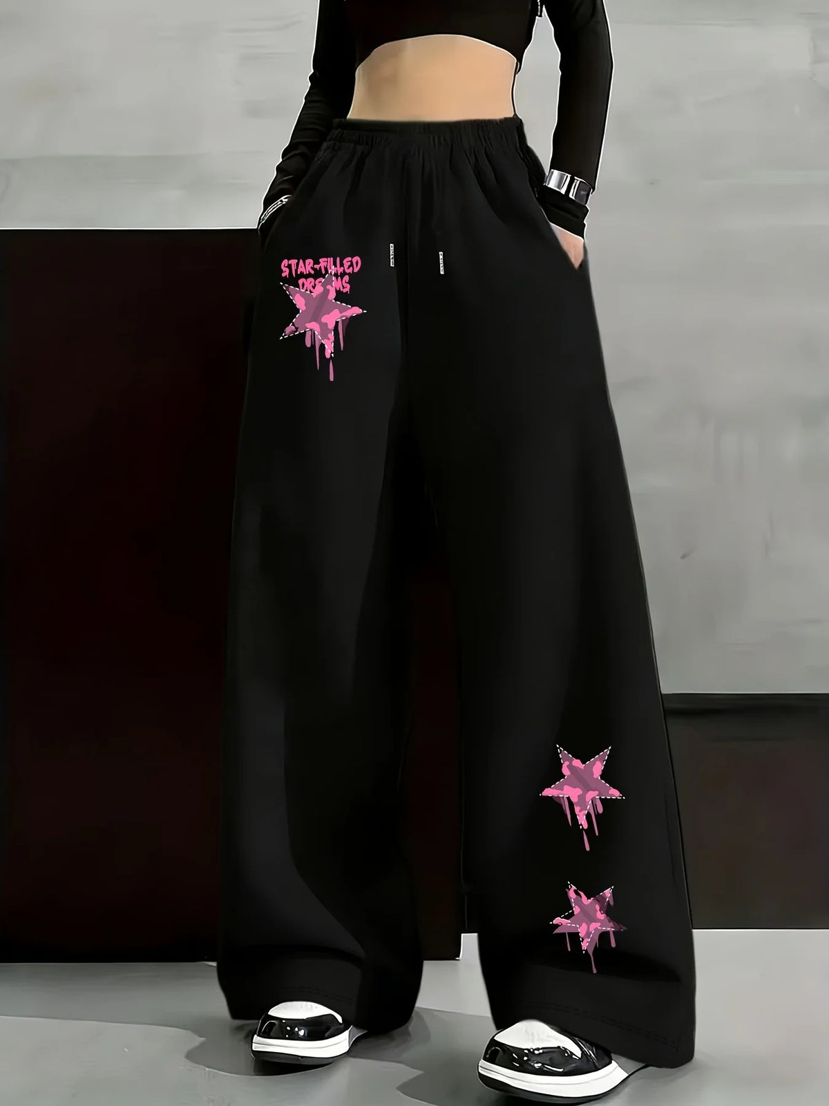 Dark Gothic Star Print Wide Leg Drawstring Sweatpants Unisex