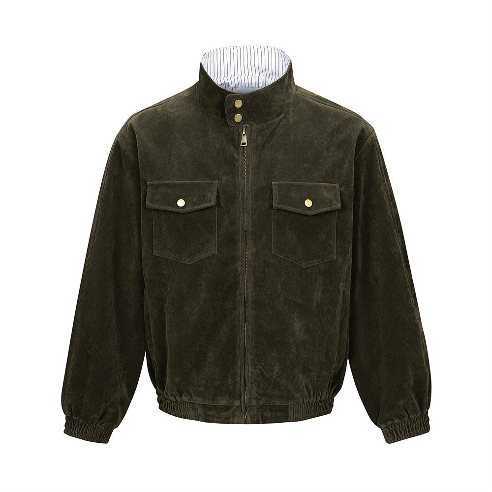 Men's Workwear Style Leather Patchwork Striped Stand Collar Loose Fit Harrington Jacket