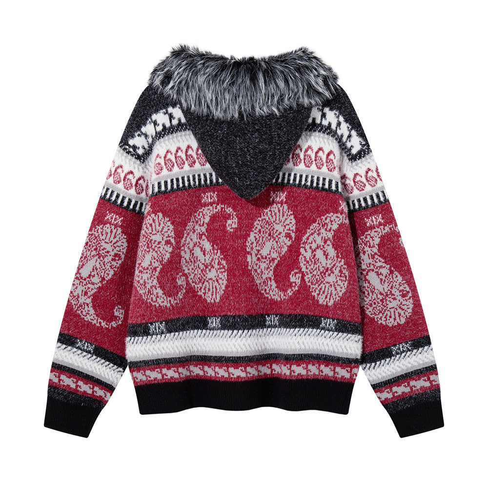 Men's Oversized Hooded Knit Cardigan Jacket with Fur Collar, Paisley Stripe Jacquard Pattern