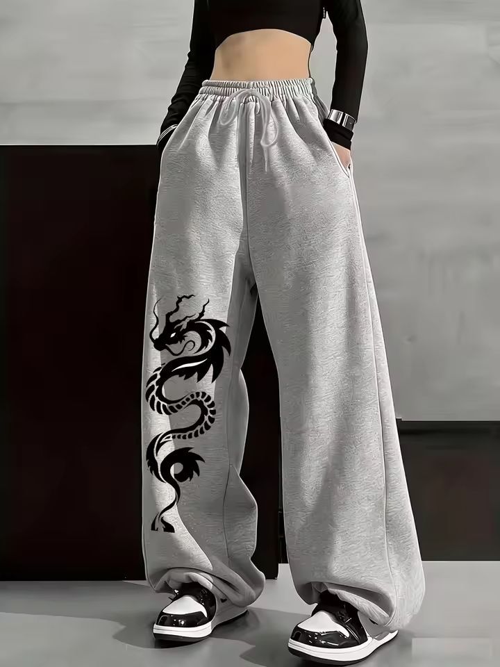 Print Drawstring Wide-leg Sweatpants for Men Women