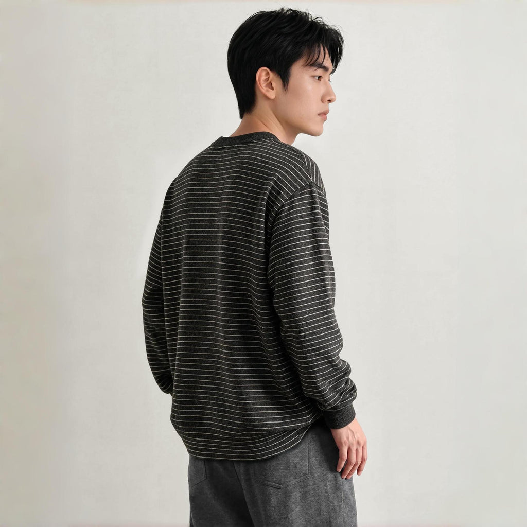 Men's Vintage Casual Loose Fit Striped Long Sleeve Henley Collar Fleece Lined Wool Blend Sweatshirt