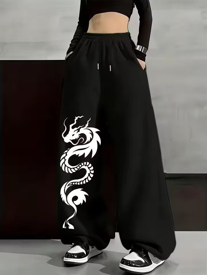 Print Drawstring Wide-leg Sweatpants for Men Women