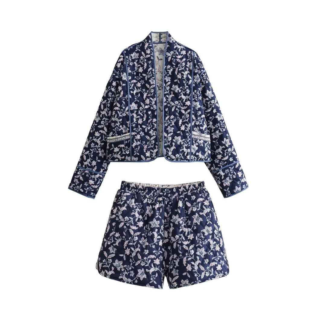 Reversible Cropped Embroidered Padded Jacket and Cotton Shorts Two-Piece Set