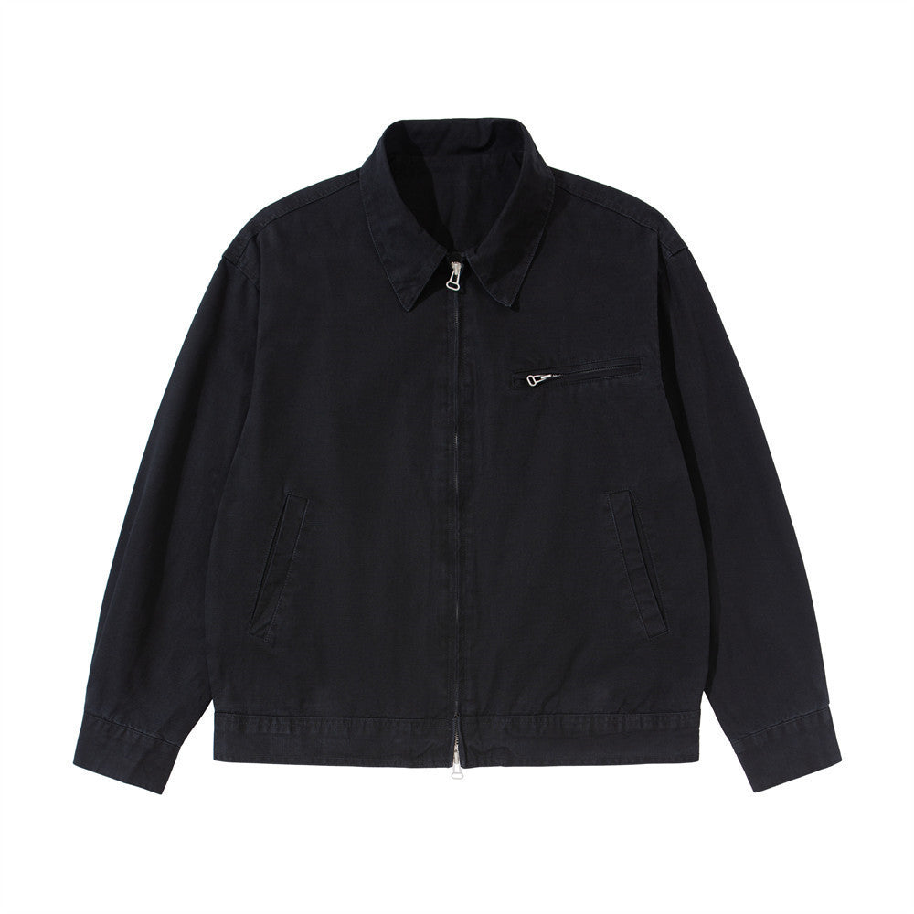 Vintage  Distressed Washed Two-Way Zipper Lapel Collar Loose Fit Men's Workwear Jacket