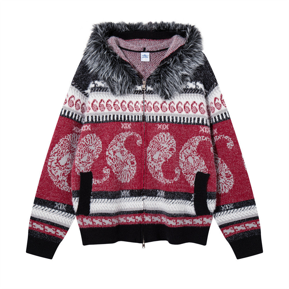Men's Oversized Hooded Knit Cardigan Jacket with Fur Collar, Paisley Stripe Jacquard Pattern