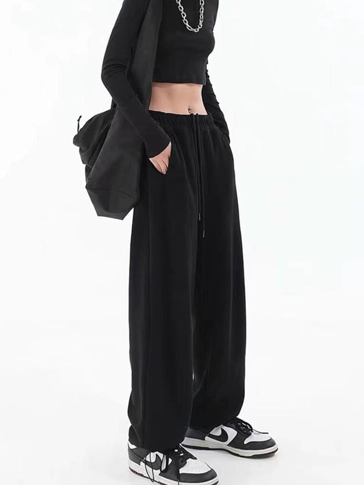Women Solid Jogging Sweatpants Women Pants Baggy Sports Pants Chic High Waist Lace Up Folds Streetwear Casual Female Trousers